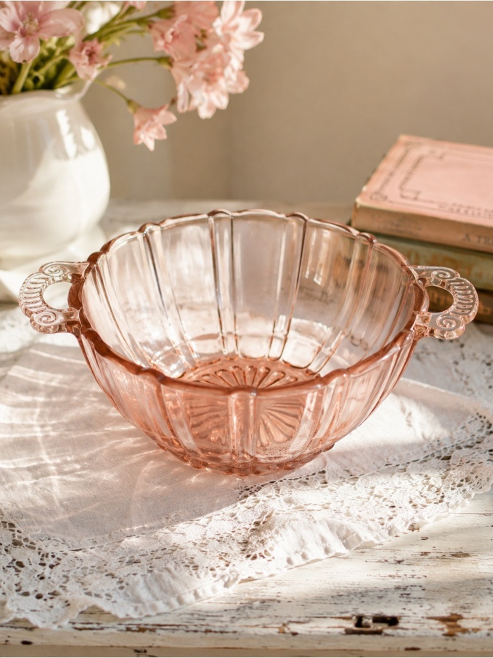 Vintage Anchor Hocking Old Cafe Pink Depression Glass Handled Bowl